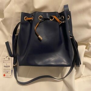 Zara Dark Blue Leather Shoulder Bag